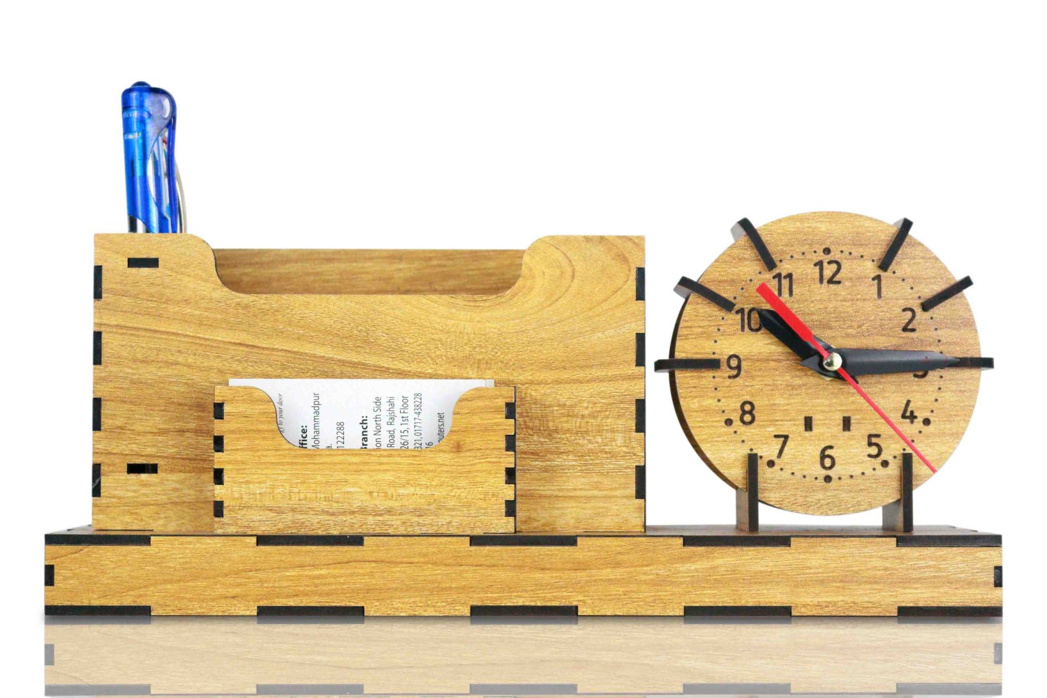 "Wooden Multi Desk Organizer With Clock" Desk Organizer For Pen/Pencil/Visiting Card Desk Office/Home.ICDOPH-00503