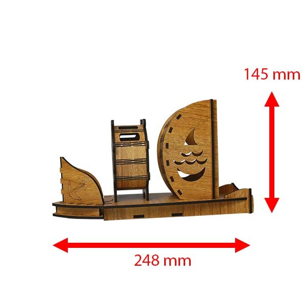 INTERIOR CRAFTS Wooden Boat Shape Desk Organizer with Pen Holder & Mobile Stand | Premium Laser Cut MDF Desktop Organizer | Office Desk Storage | Home Study Table Accessories  ICTN-2154